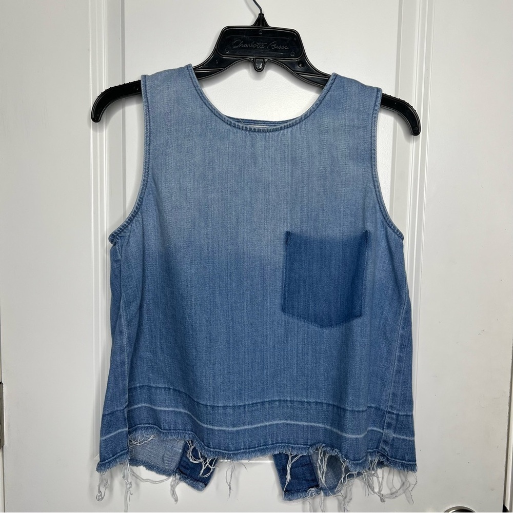 Cloth & Stone Anthropologie Denim Split Back Raw Hem Top - Picture 6 of 10